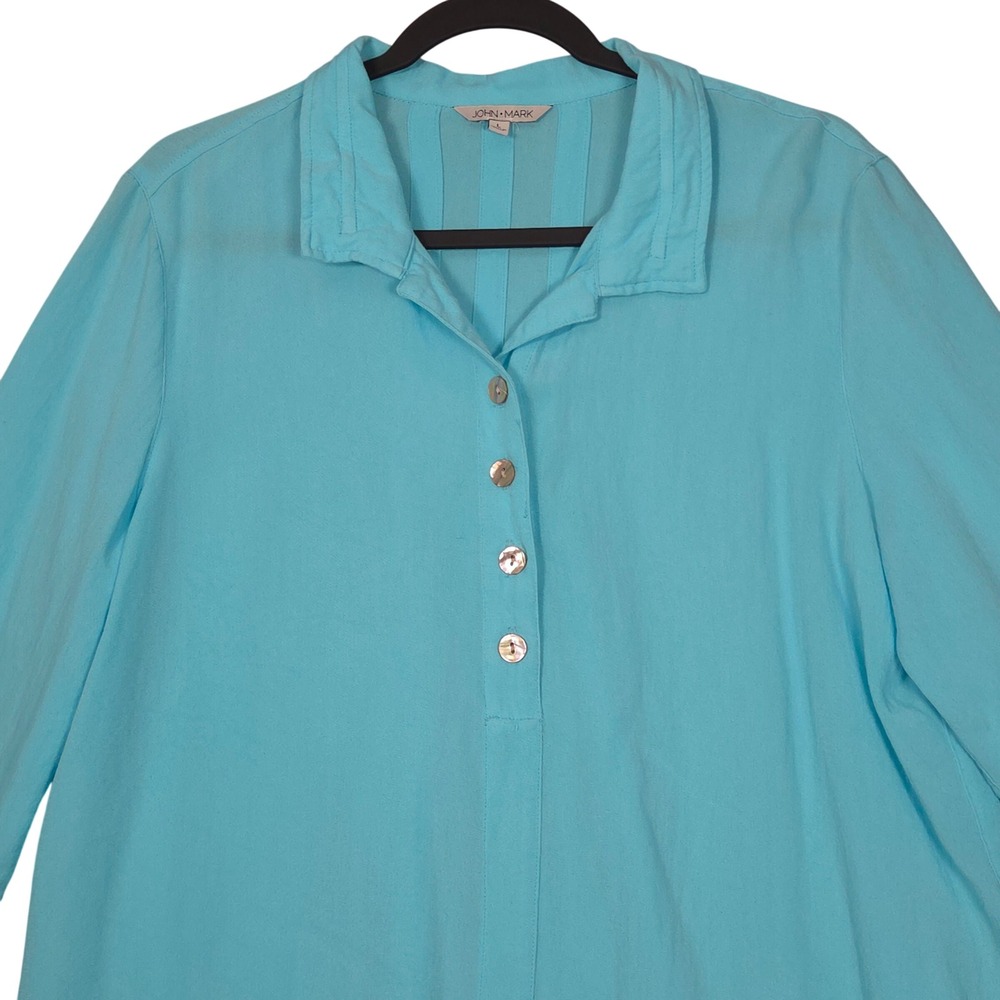 John Mark Women Large 3/4 Sleeve Henley Popover‎ Blouse Sky Blue Mother of Pearl